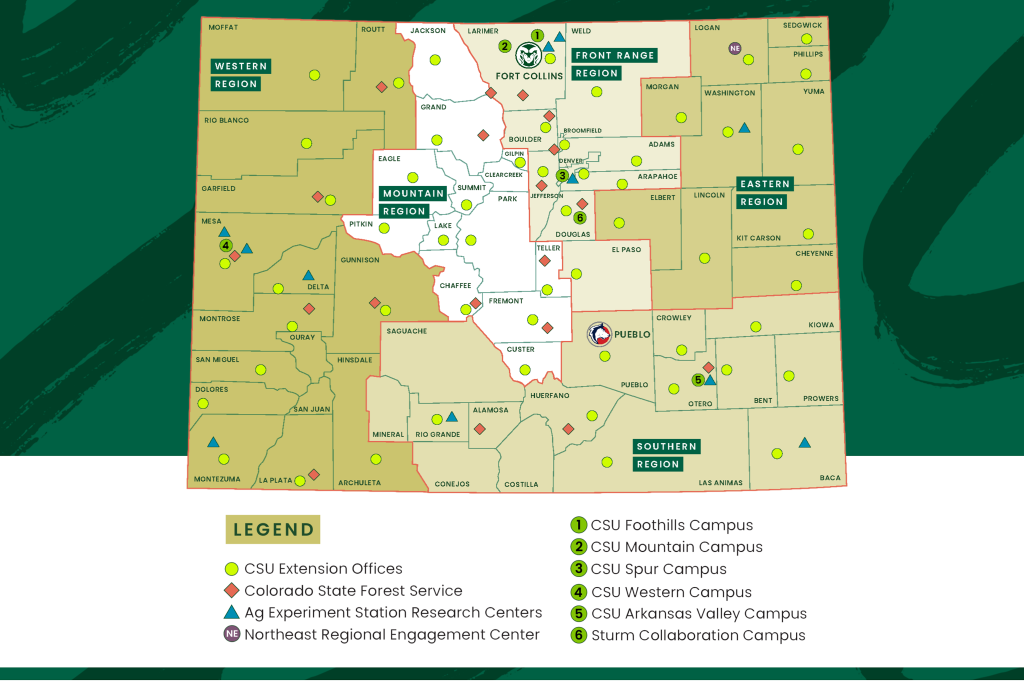 Map of Colorado divided into regions with various icons indicating CSU locations and services including CSU Extension Offices, Colorado State Forest Service, Ag Experiment Station Research Centers, Northeast Regional Engagement Centers, CSU Foothills Campus, CSU Mountain Campus, CSU Spur Campus, CSU Western CAmpus, CSU Arkansas Valley Campus, and Sturm Collaboration Campus.