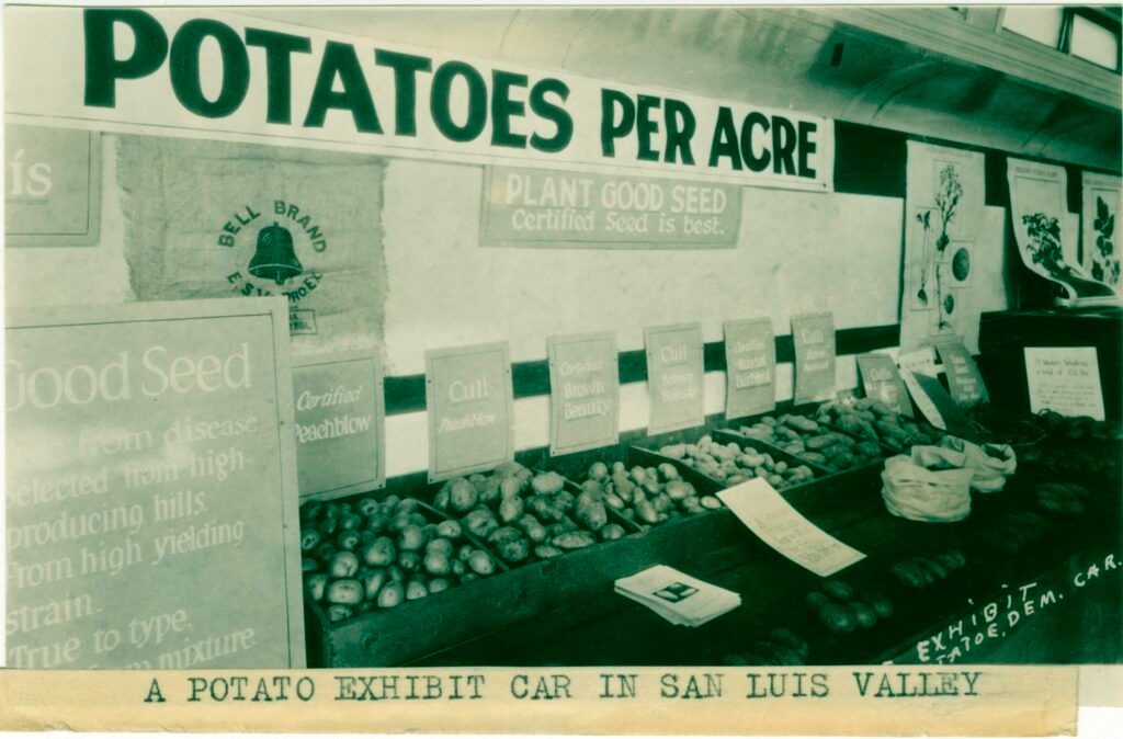 Interior of a train car with displays focused on potatoes.