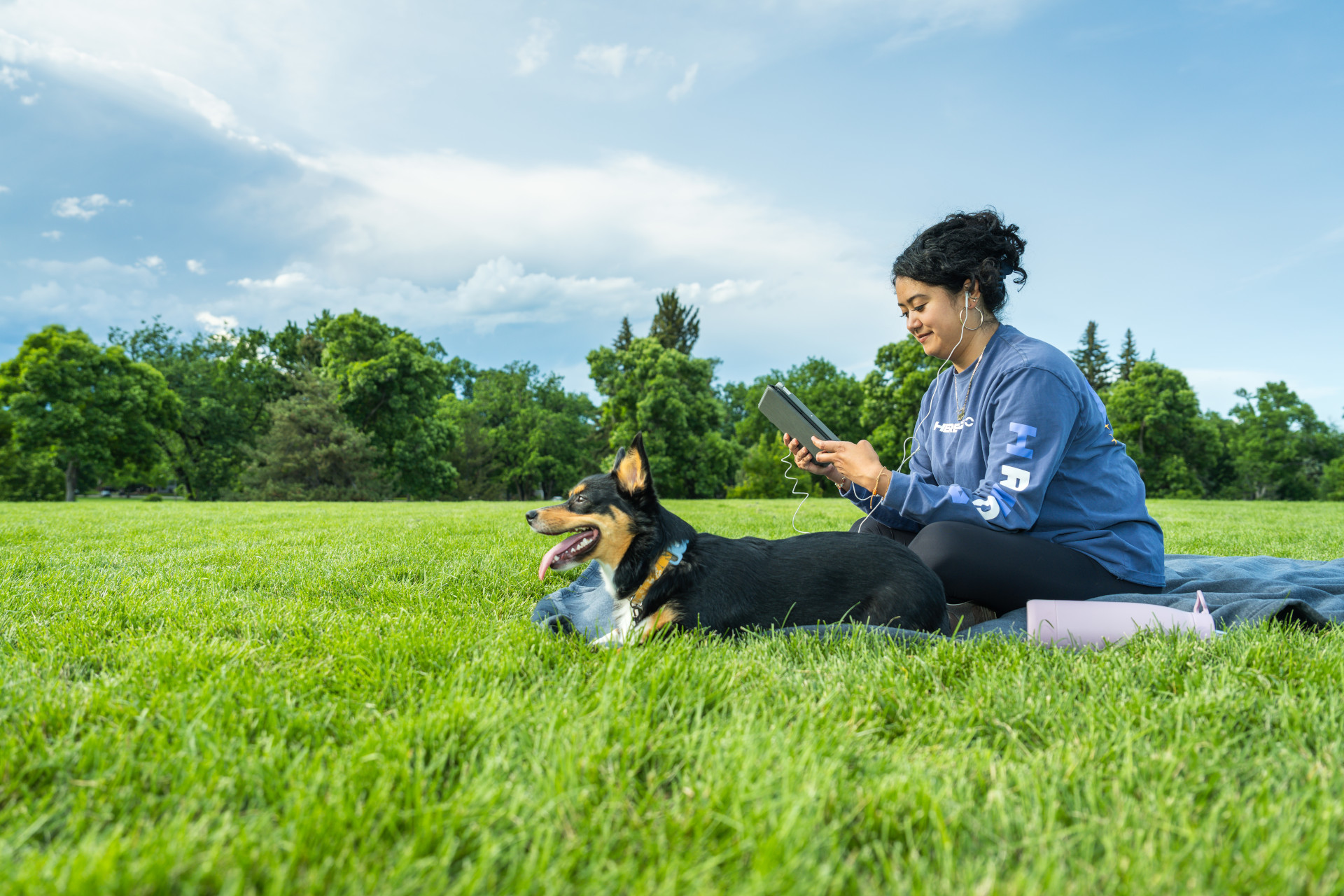 CSU online students take the opportunity to study and take her dog for a play.