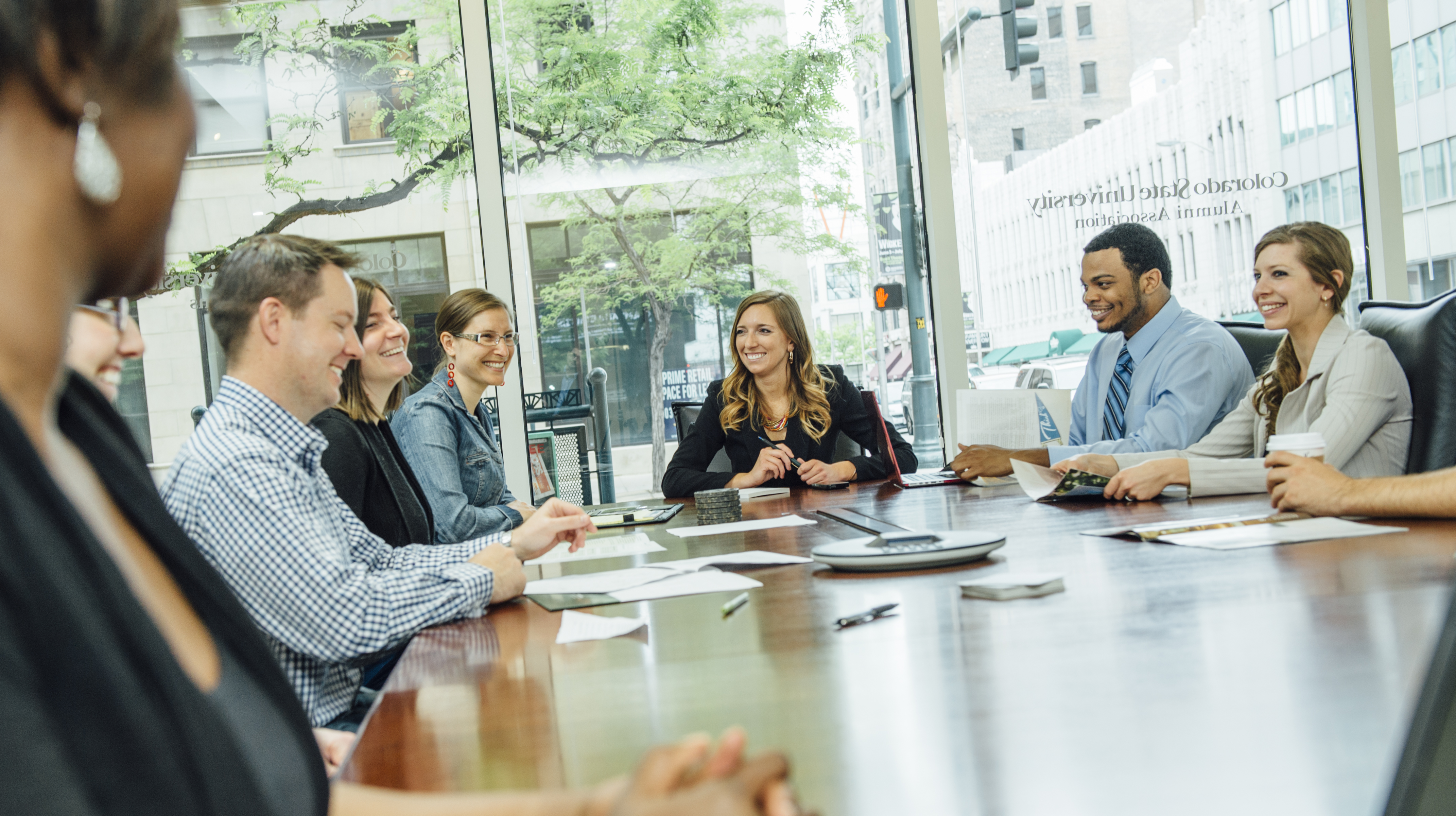 Business professionals sitting in a meeting room around a table.