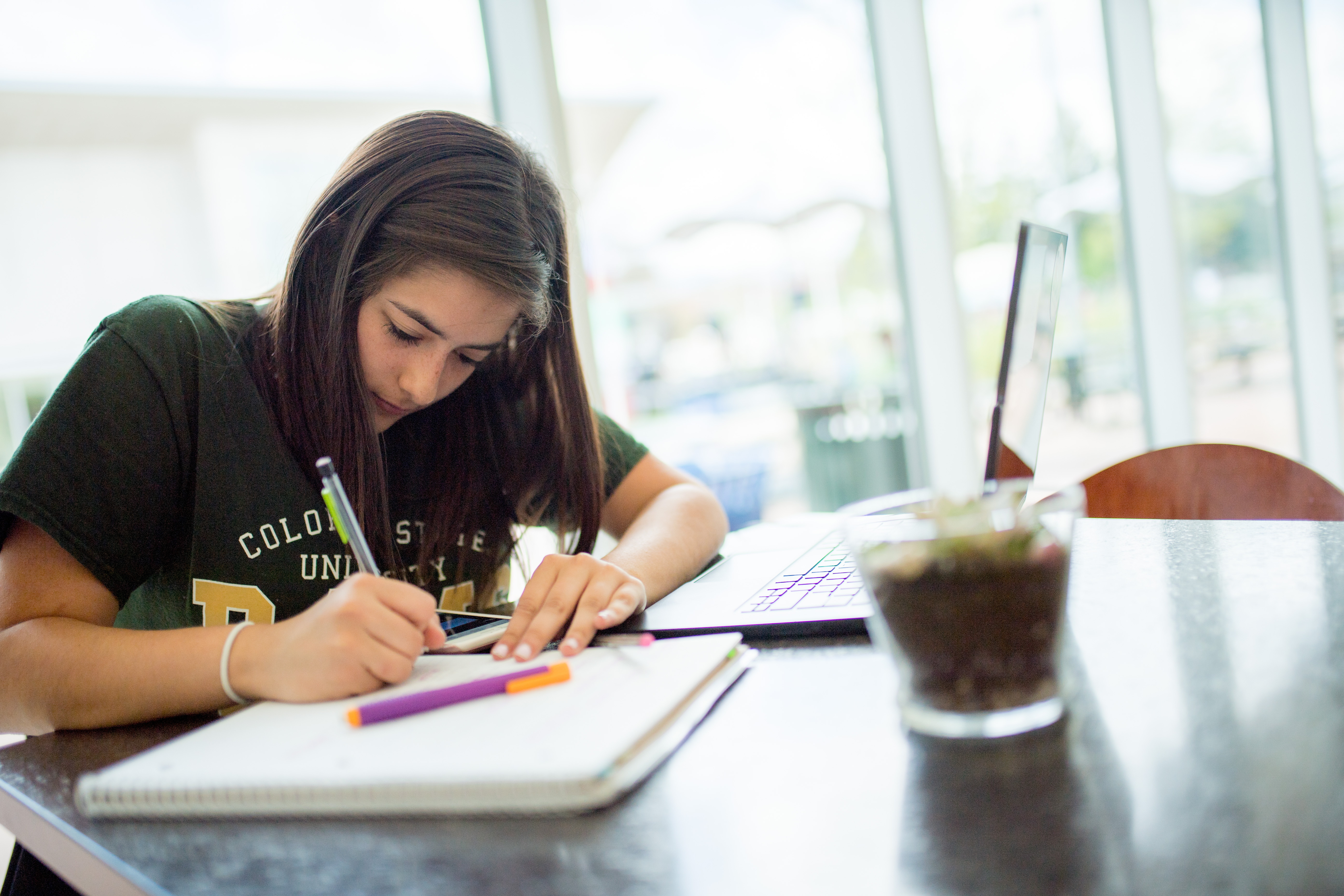 A CSU student studying at a table with a laptop and writing in a notebook.