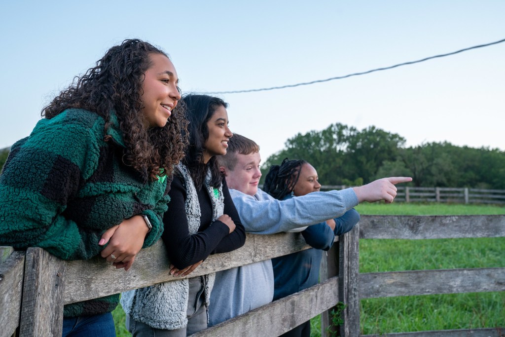 A group of young people leaning on a wooden fence, smiling and looking out into a green field, with one person pointing toward something in the distance.