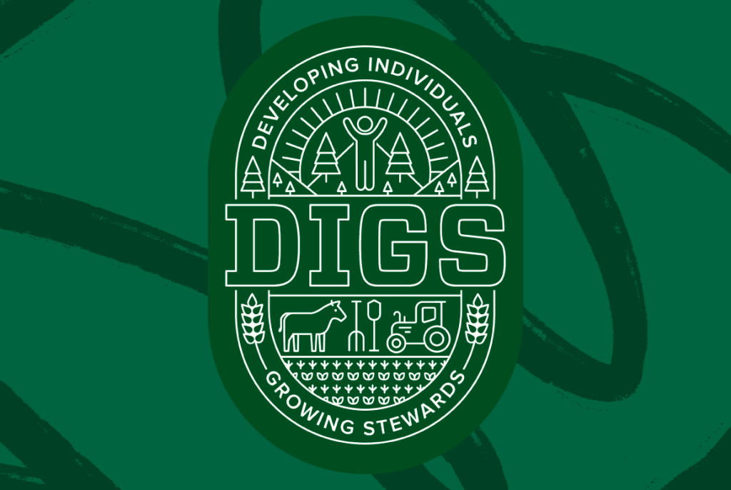 Green logo for the DIGS program, featuring symbols related to agriculture, including trees, a human figure, animals, a tractor, and farming tools.