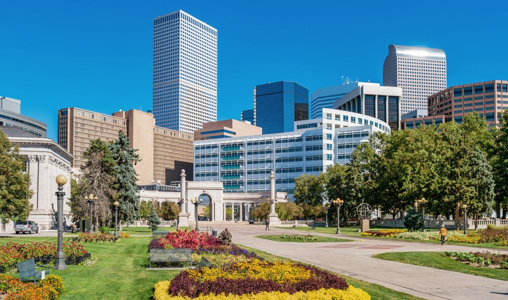 Trees and gardens in downtown Denver, Colorado