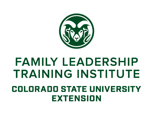 The logo includes the Colorado State University ram's head icon above the text "FAMILY LEADERSHIP TRAINING INSTITUTE, COLORADO STATE UNIVERSITY EXTENSION" in green.