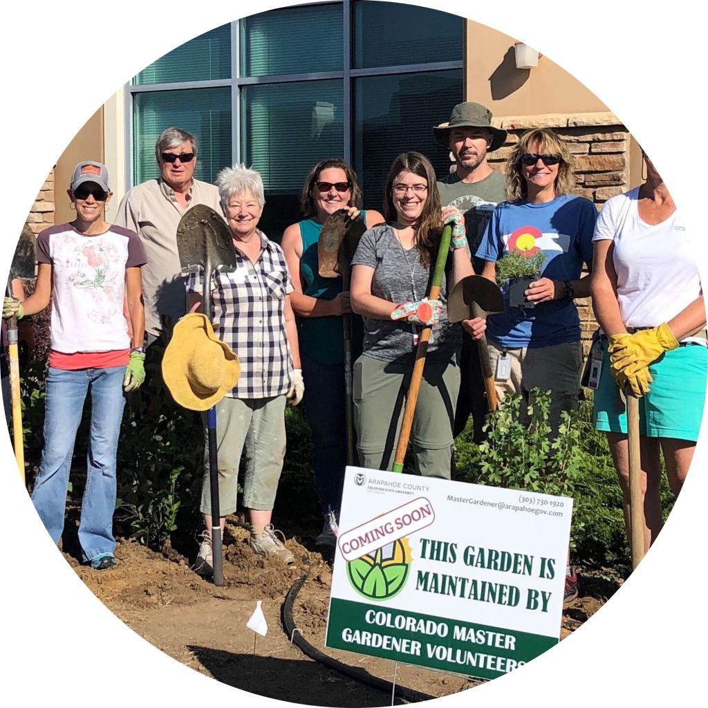 A group of Colorado Master Gardener volunteers, holding gardening tools, pose together outside a building. A sign in the foreground states, "This garden is maintained by Colorado Master Gardener Volunteers" with a "Coming Soon" note.