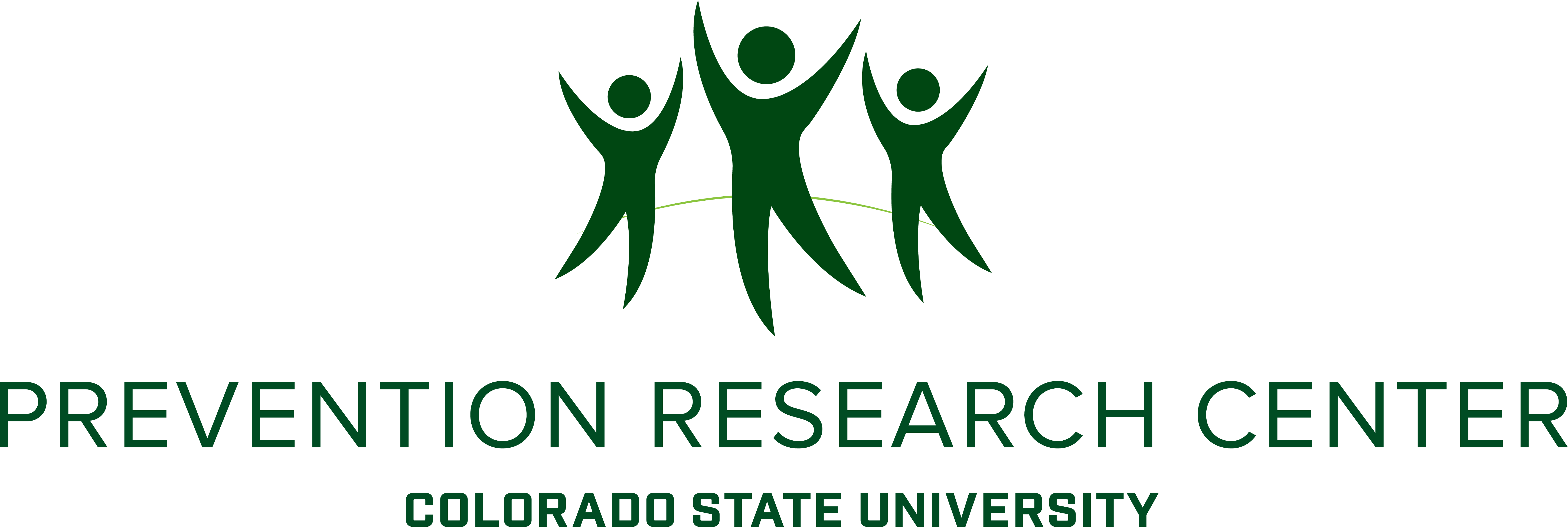 A logo featuring three green stylized human figures with arms raised, forming a connected shape above the text "PREVENTION RESEARCH CENTER, COLORADO STATE UNIVERSITY."