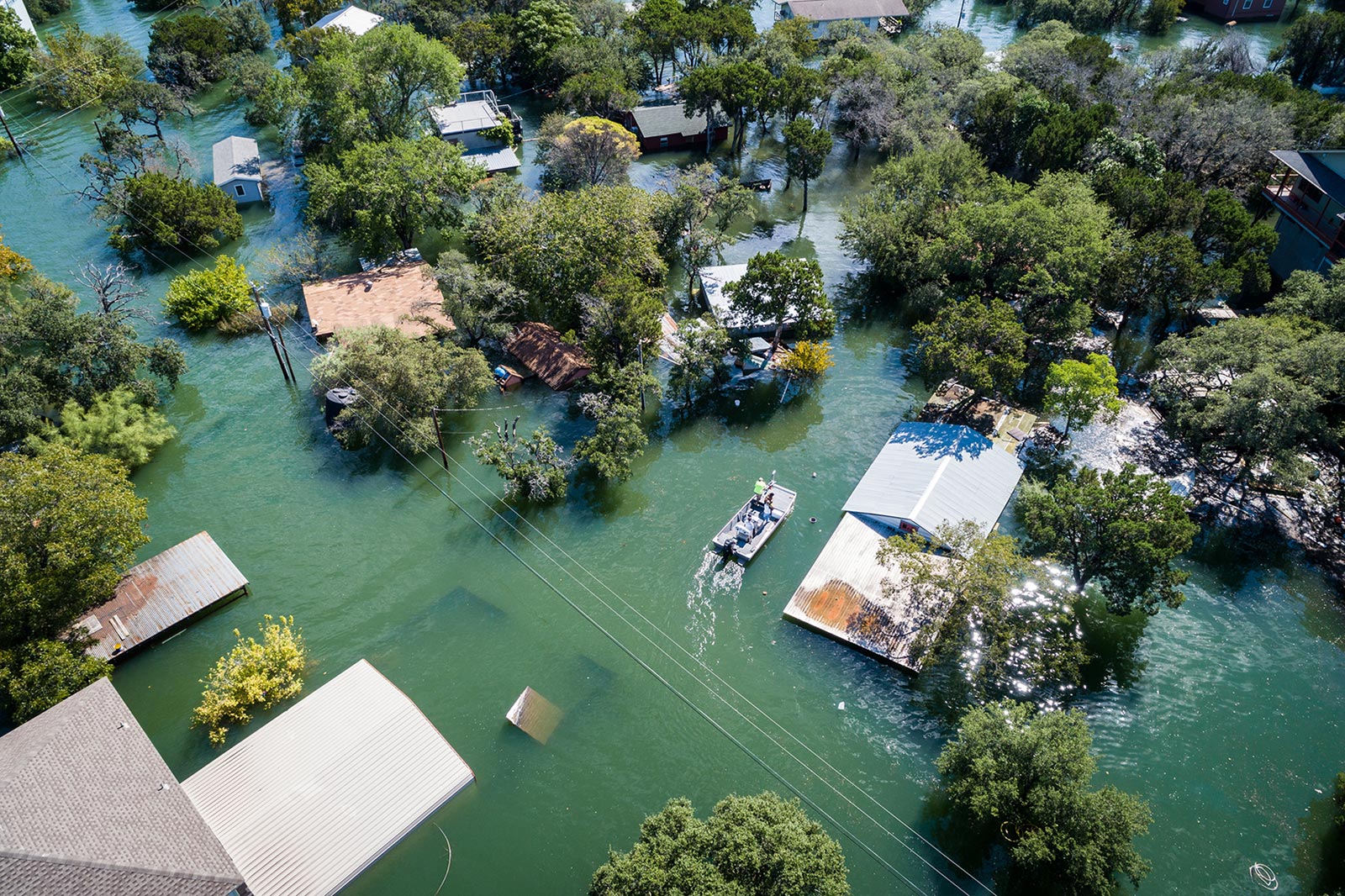 Ariel view of a flooded neighborhood after a storm.