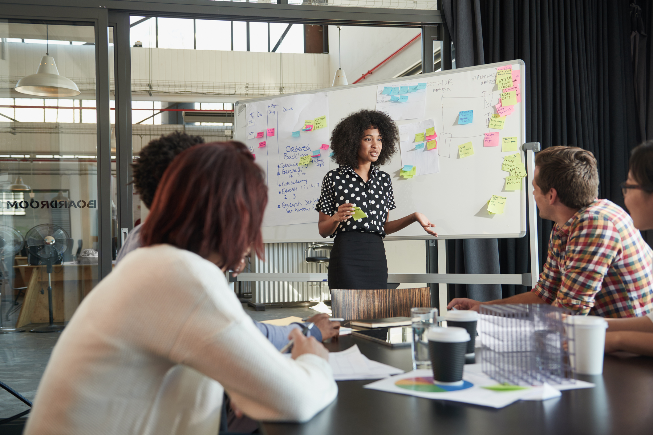 Young business professionals brainstorming in a meeting room.