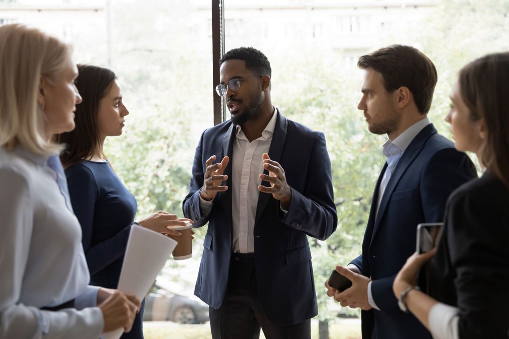 A group of people engaged in a meeting.