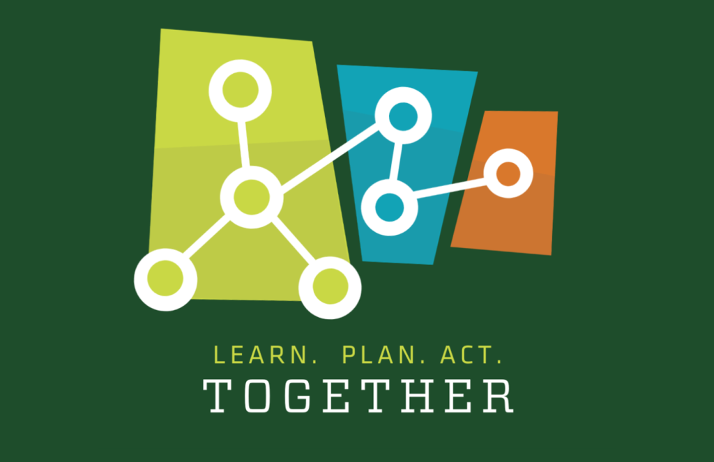 An abstract graphic with interconnecting circles and lines overlaid on colored shapes, with the text "LEARN. PLAN. ACT. TOGETHER" at the bottom on a green background.